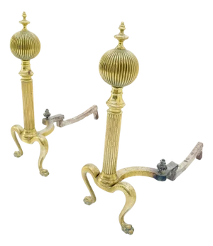 Pair of Antique Solid Brass Ball Top Claw Feet Fireplace 22" Tall End Irons MINT