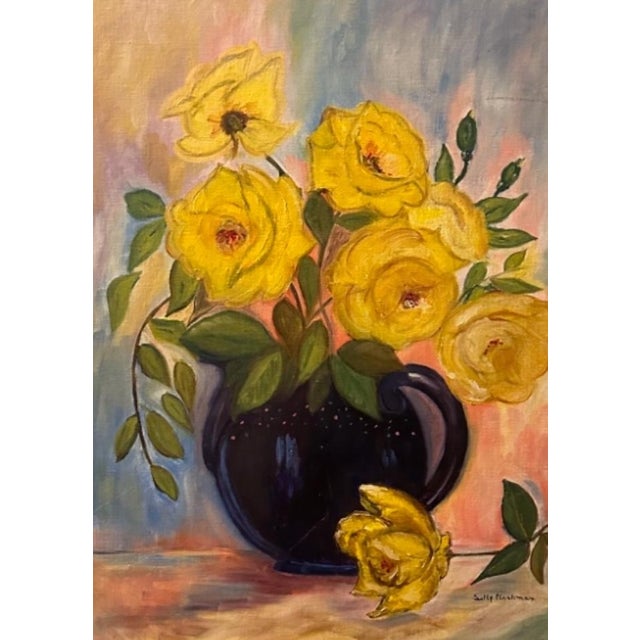 1970s Yellow Roses Acrylic on Canvas Signed Sally Fleshman For Sale - Image 4 of 4