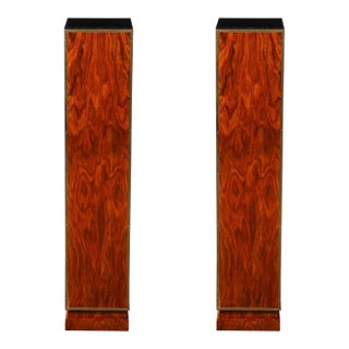 Pair of Art Deco Walnut Pedestals With Brass Detailing & Vitrolite Inset Top For Sale