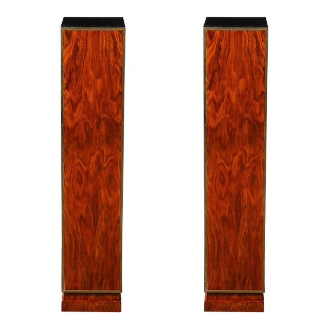 Pair of Art Deco Walnut Pedestals With Brass Detailing & Vitrolite Inset Top For Sale