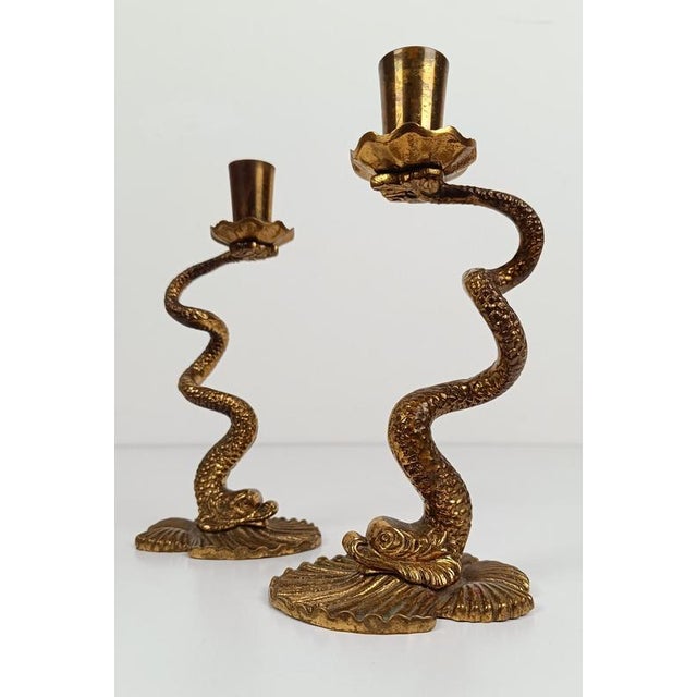 Gold Vintage Italian Baroque Style Brass Dolphin Candlesticks, 1950s, Set of 2 For Sale - Image 8 of 18
