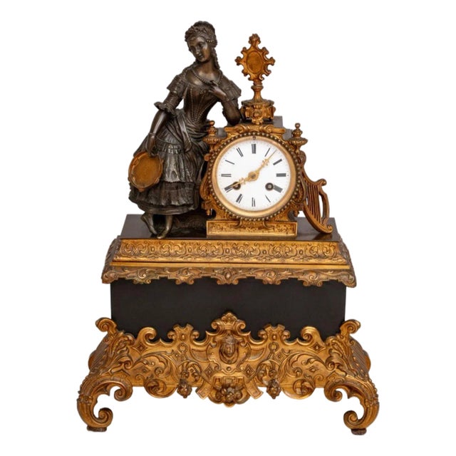 French Empire Patinated & Gilt Metal Figural Clock For Sale