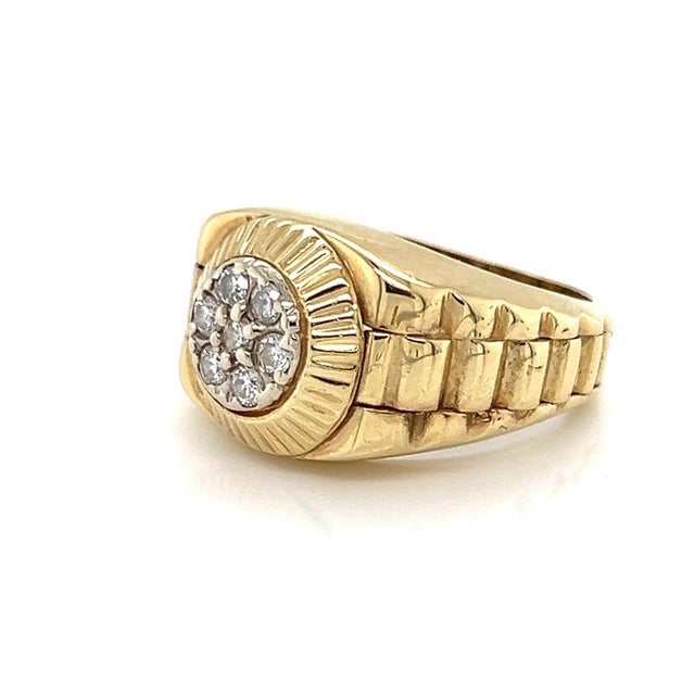 The product is a Diamond 14k Yellow Gold Link Round Top Ring in size 4.5. This vintage and antique jewelry piece falls...