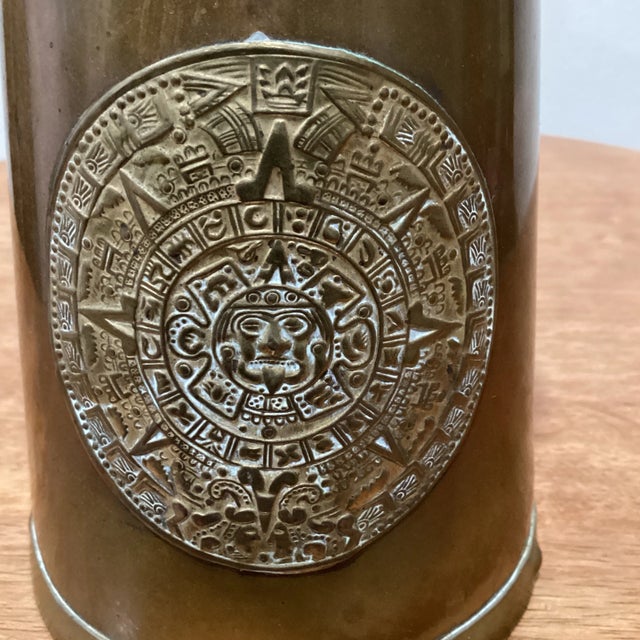 Metal Vintage Copper and Brass Pitcher With Mayan Sun Calendar For Sale - Image 7 of 12