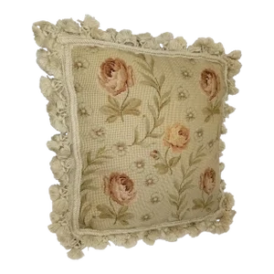 Antique Petitpoint and Neeldpoint Fringed Throw Pillow
