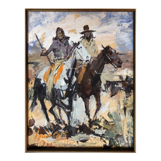 1990s James Lee Colt Western Image W/C Gouache Mounted Cowboy And Indian For Sale