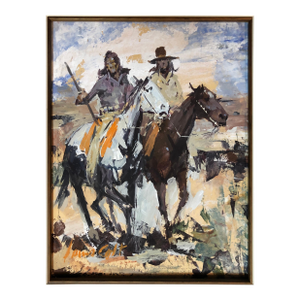 1990s James Lee Colt Western Image W/C Gouache Mounted Cowboy And Indian
