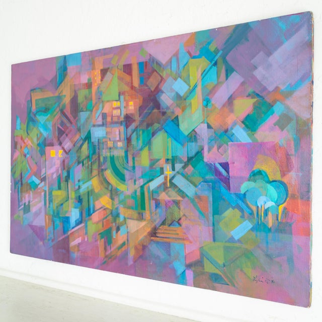 Abstract Cubist Polychrome Cityscape With Purple and Turquoise For Sale - Image 9 of 13