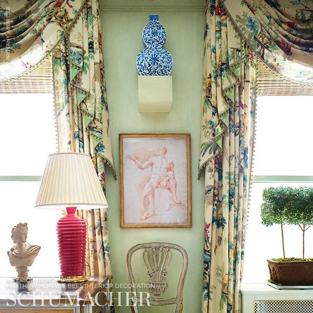 Thanks to an artisanal table print technique, this fanciful, large-scale pastoral-based on a 1930s document-has a layered,...