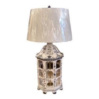 Italian Majolica One of a Kind Hand Painted Birdcage Table Lamp For Sale