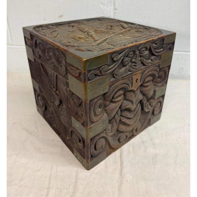Victorian Antique 19th Century Victorian Hand Carved Wood Brass Folk Art Sculptural Box For Sale - Image 3 of 18