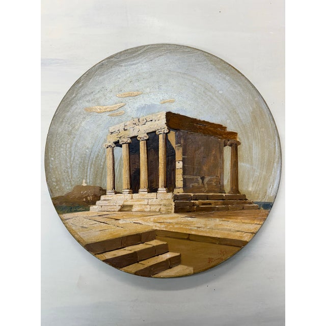 Ecru 1940s Vintage Neoclassic Hand Painted/Signed Terra Cotta Wall Plate Depicting Temple of Athena For Sale - Image 8 of 8