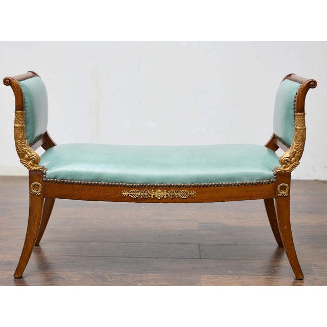 English Regency Mahogany Leather Bench with Gilt Dolphin Armrests For Sale - Image 12 of 12