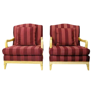 Oxblood Stripe Open-Arm Lounge Chairs - a Pair