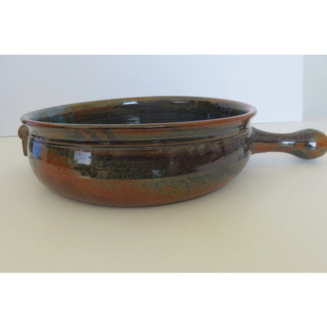 Ceramic Late 20th Century Signed Vintage Hand-Made Glazed Pottery Bowl With Handle Rustic Colors For Sale - Image 7 of 9