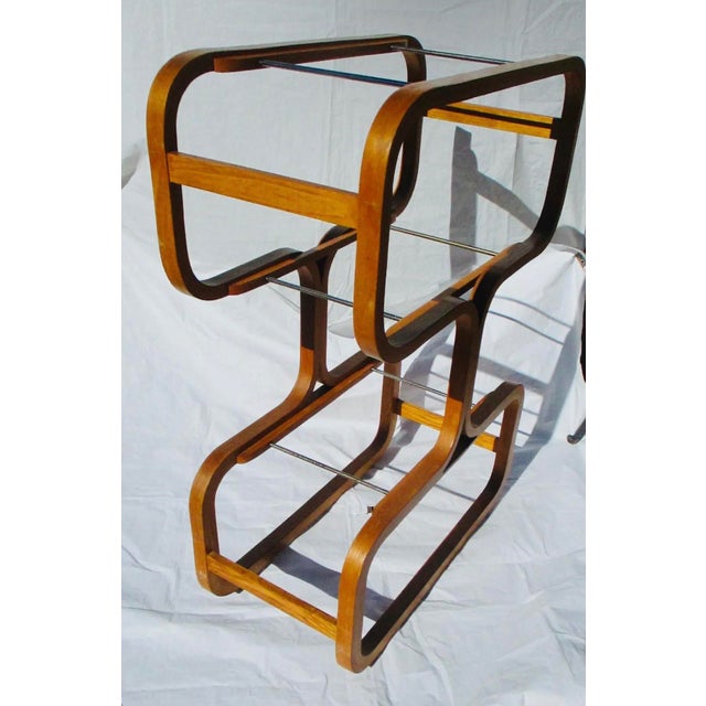 Vintage MCM Mid Century Plycraft Attributed Étagère Oak Glass Wood Shelving Unit Bookcase Display For Sale - Image 10 of 12