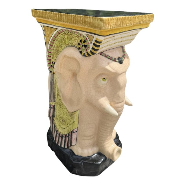 Vintage Hand-Painted Crackle Glazed Ceramic Elephant Garden Stool, Signed Mona For Sale