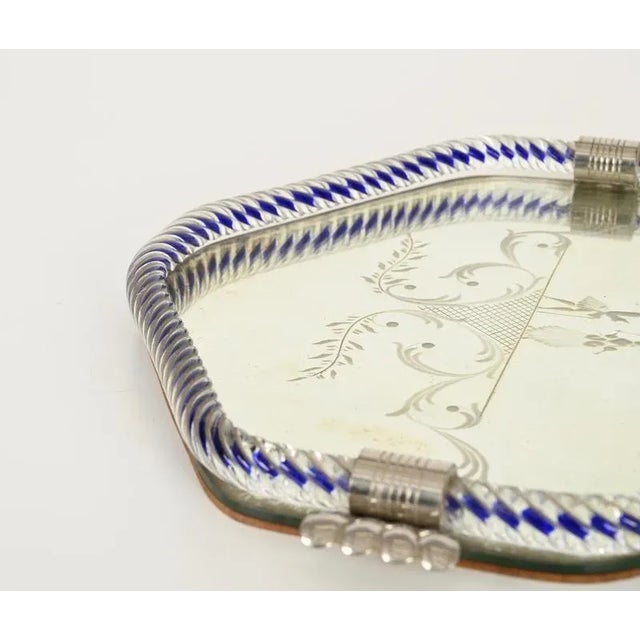 1940s Hexagonal Serving Tray in Blue Mirror-Engraved Murano Glass from Barovier, Italy, 1940s For Sale - Image 5 of 13