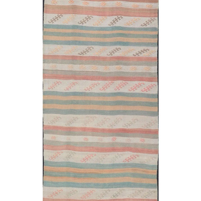Mid 20th Century Vintage Turkish Kilim Runner With Stripes in Cream Lt Green Coral & Yellow For Sale - Image 4 of 11