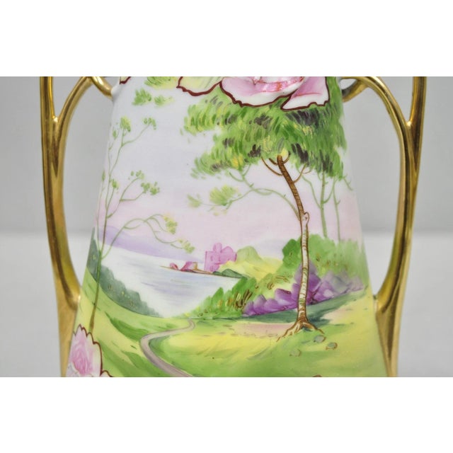Antique Nippon Hand Painted Porcelain Twin Handle Vase W /Flowers & Lake Scene For Sale In Philadelphia - Image 6 of 15