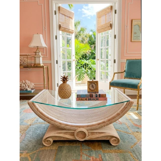Wood Vintage Molded Pencil Reed Betty Cobonpue Faux Peach Marble Mid Century Bent U Shape Swirl Leg Coffee Table For Sale - Image 7 of 12