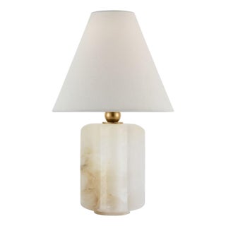 Thomas O'Brien by Visual Comfort Signature Iota Small Table Lamp in Alabaster and Hand-Rubbed Antique Brass with Linen Shade For Sale