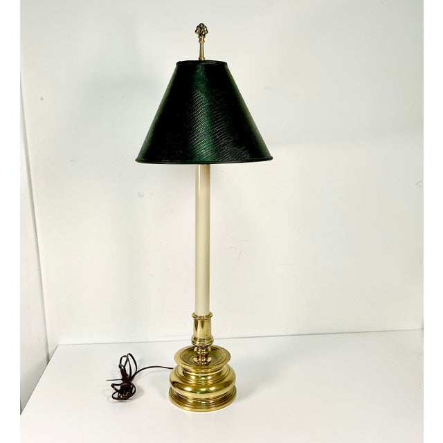 Stiffel Mid-Century French Regency Neoclassical Candlestick Table Lamp & Reptile Embossed Black Shade For Sale - Image 4 of 13
