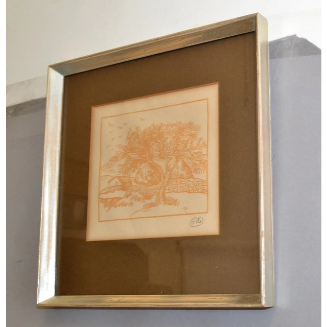 1950s 1950 Framed Print Marked M Landscape Scenery Orange Silver Wood Frame Distressed For Sale - Image 5 of 11