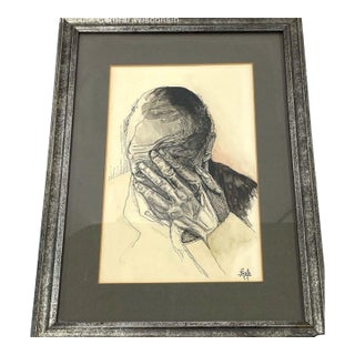1950s Signed Mid‑Century Ink Portrait by Falk – Expressive Figurative For Sale