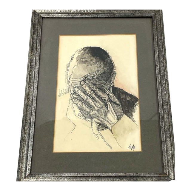 1950s Signed Mid‑Century Ink Portrait by Falk – Expressive Figurative For Sale