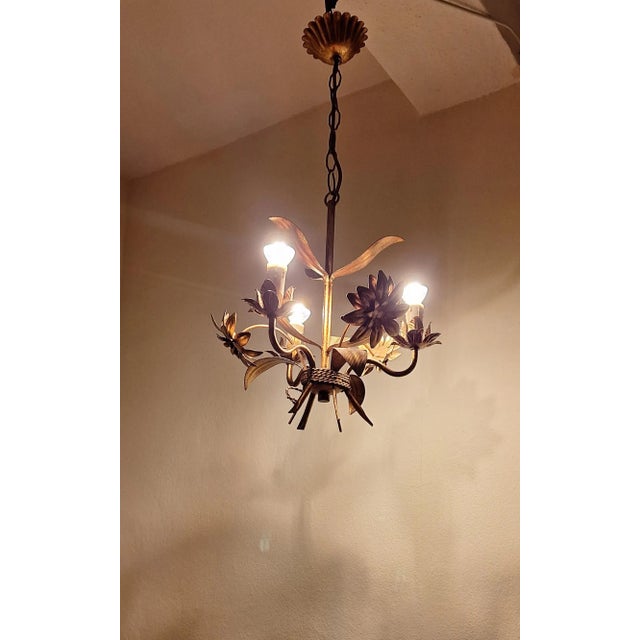 Vintage Chandelier in a Floral Design Made of Gold-Colored Metal, 1970s For Sale - Image 3 of 7