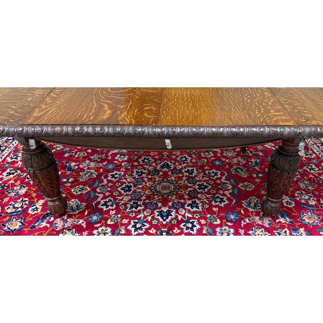 Antique English Butterfly Leaf Oval Carved Dining Table 118" Tiger Oak C1920-30s For Sale - Image 15 of 17