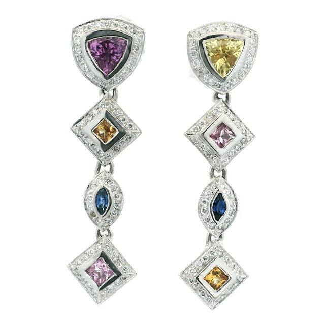 Italian 18k White Gold Multicolor Sapphire and Diamond Drop Earrings, Pair For Sale