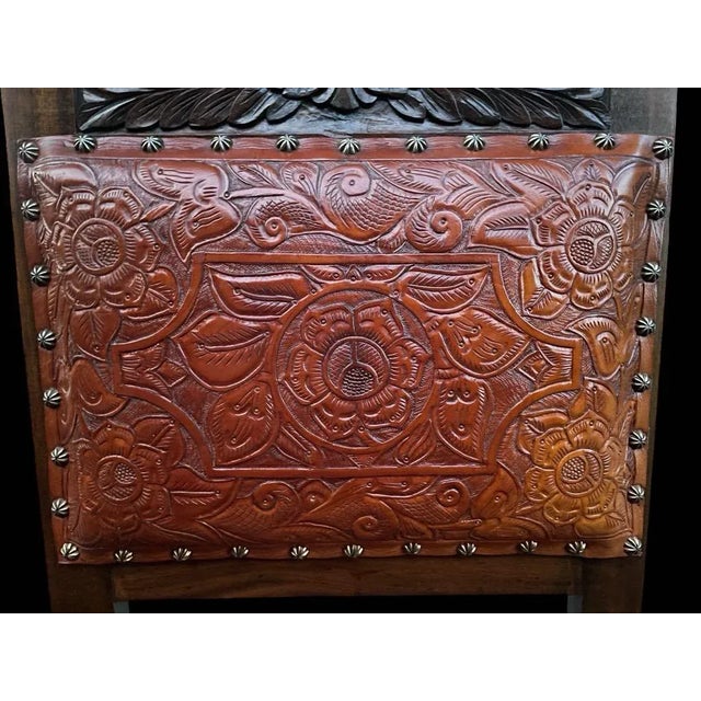 On Hold - Vintage 1966 Spanish Hand Carved Walnut and Tooled Leather Chair For Sale - Image 9 of 13