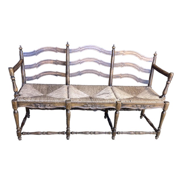 1960s Country French Settee With 3 Rush Panel Seats For Sale