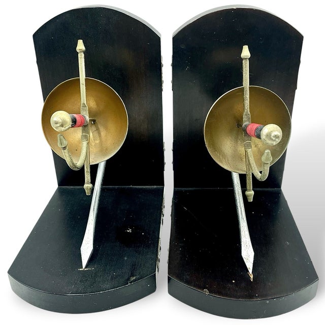 Vintage MCM Fencing Metal Rapiers Epees Wood BOOKENDS-set of 2 For Sale In Dallas - Image 6 of 6