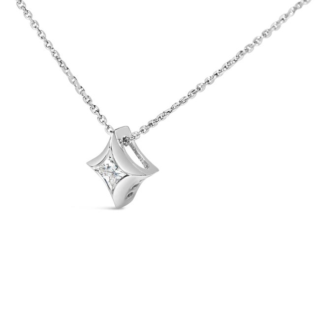 Contemporary 10K White Gold 1/10 Cttw Bezel Set Solitaire Princess Cut Diamond Kite Shaped Pendent Necklace - 18" Inches For Sale - Image 3 of 5