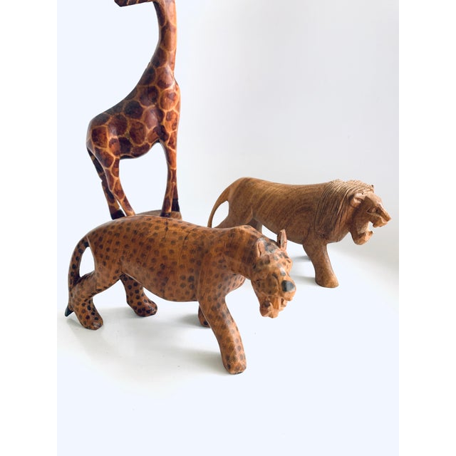 Vintage African Wood Carved Animals Giraffe Leopard Lion Set of 3