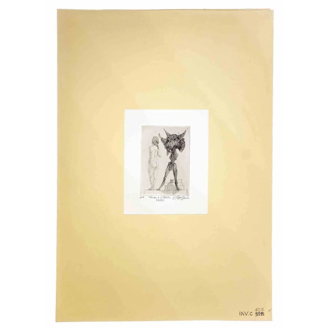 Venus and the Bull is an original etching and drypoint realized by Leo Guida in 1985. Good condition. Mounted on a...