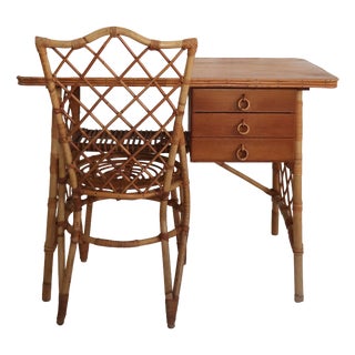 Vintage Desk and Chair in Wicker by Louis Sognot, 1950s, Set of 2 For Sale