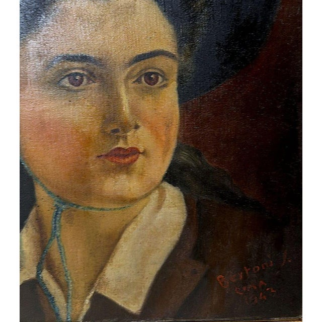 Mid 20th Century Mid 20th Century Italian Figurative Oil on Canvas Portrait of a Young Woman With Giltwood Frame For Sale - Image 5 of 18