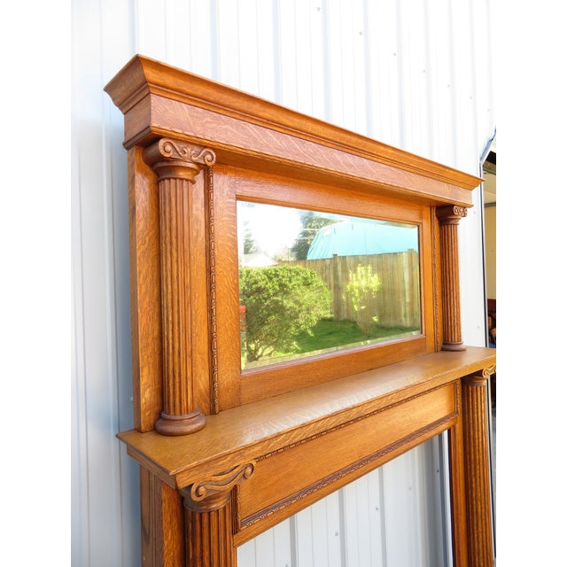 Early 20th Century Antique Mission Oak Mantle Fireplace Surround W/ Mirror ~ Arts & Crafts ~ Columns For Sale - Image 5 of 16