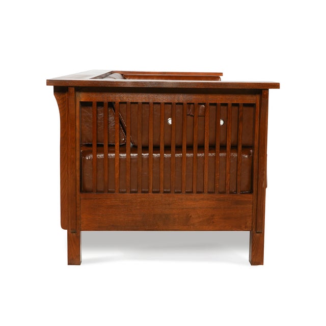 2020s Crafters and Weavers Mission Craftsman Cubic Slat Side Love Seat in Chestnut Brown Leather For Sale - Image 5 of 6