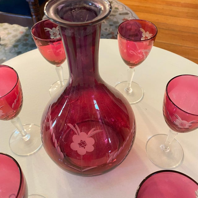 1940s Cranberry Glass Decanter 6 Port Glasses and Shot Glass Stopper For Sale - Image 5 of 14