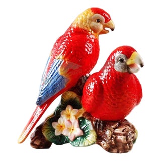 Hand-Painted Porcelain Parrot Figurine – 10.2" Colorful Ceramic Bird Sculpture For Sale