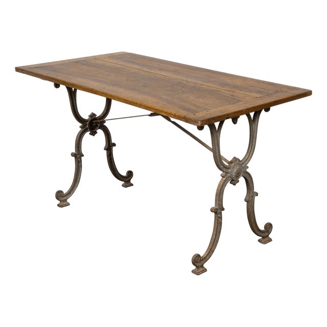 French 1900s Steel and Wood Console Table with Curving X-Form Legs and Stretcher For Sale