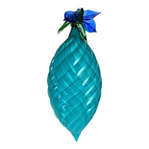 Teal Ribbed Glass Teardrop Ornament With Glass Leaves, Germany