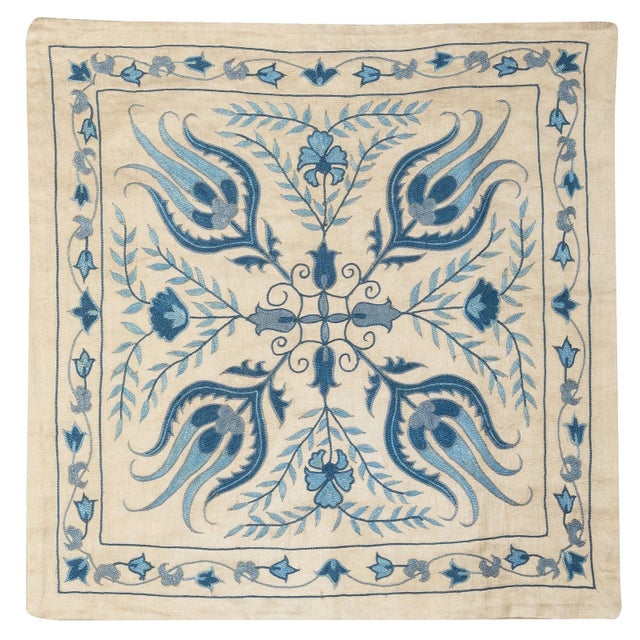 20"x21" Embroidered Pillow Cover. Blue Accent Pillow. All Silk Cushion Cover For Sale