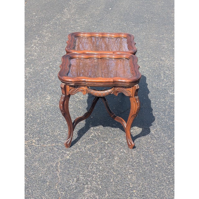 Rare Vintage French Style Carved Parlor Table With Glass Tray Top For Sale - Image 9 of 12