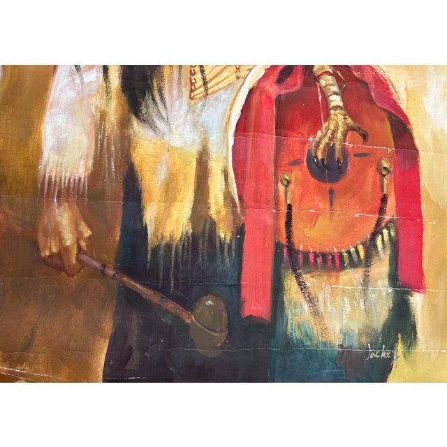 1970s Large Vintage Original Apache Native Indian Chief Oil Painting Portrait / Canvas For Sale - Image 5 of 12